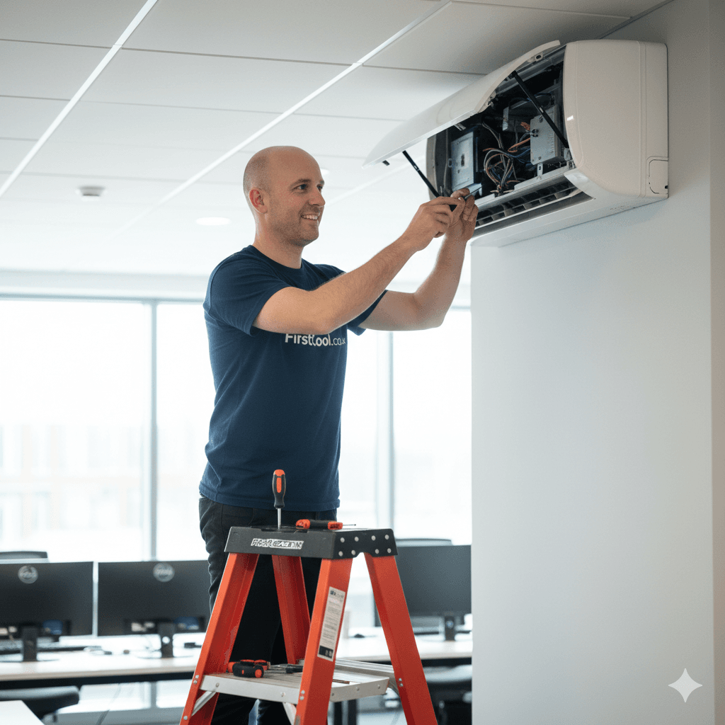 Martyn servicing an indoor air conditioning unit